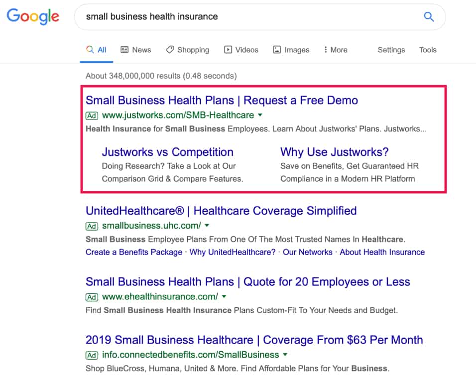 small business health insurance screenshot copy SEM Ad